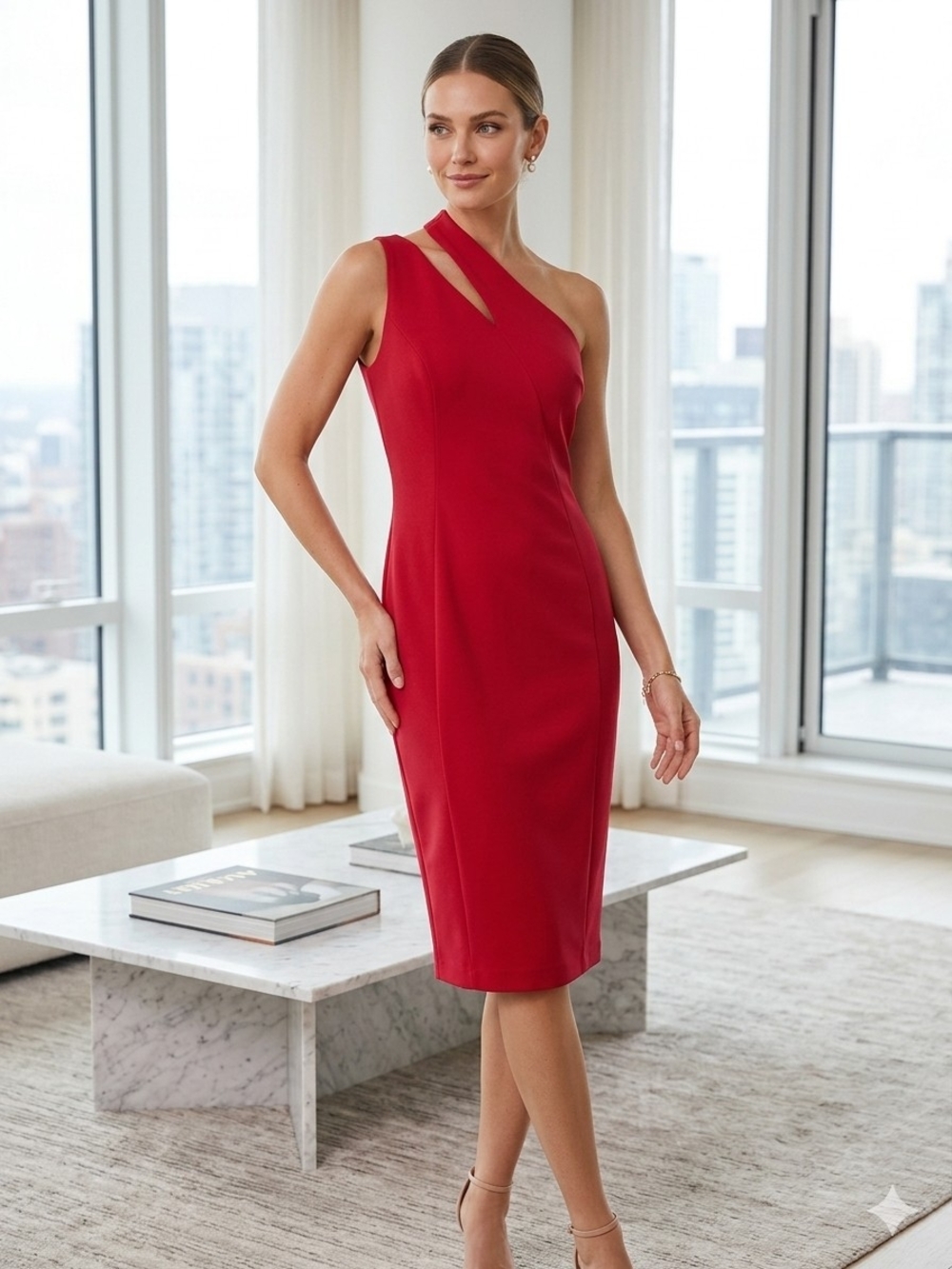 Calvin Klein One-Shoulder Red Sheath with Cutout
